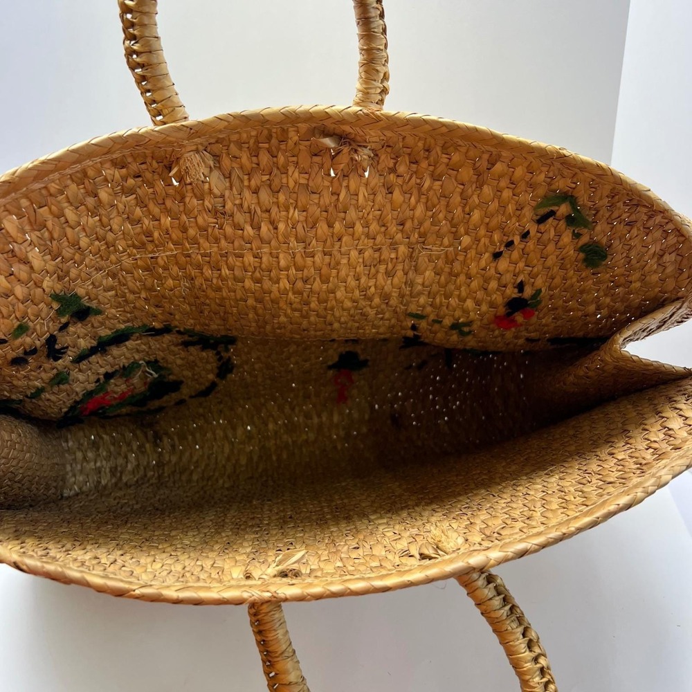 Vintage Woven Straw Tote Bag Floral 3D Raffia Embroidery Boho Beach Large Tan - Picture 15 of 16